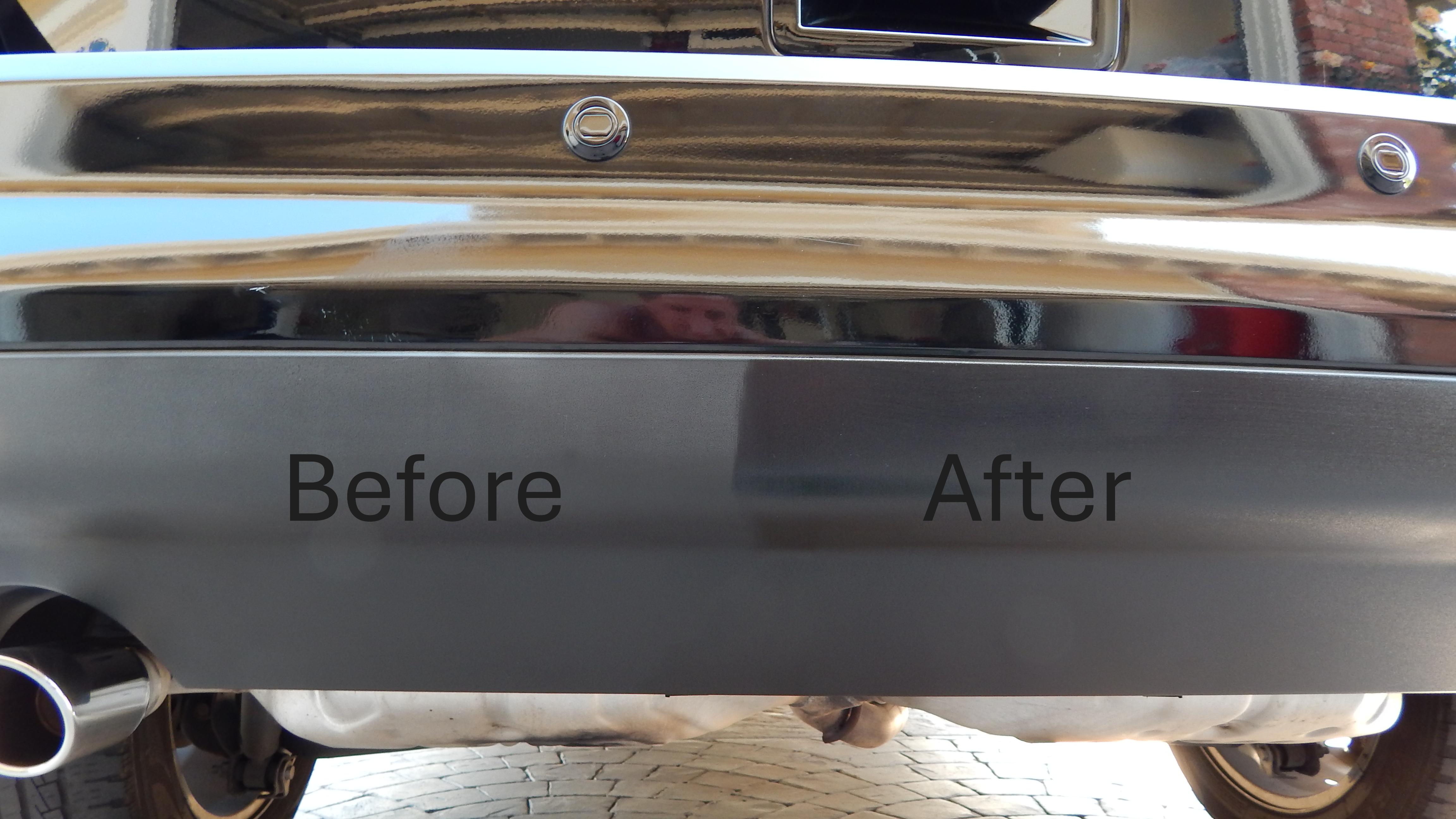 rear valance on a Ford Edge showing a before and after black trim restoration before and after black trim restore