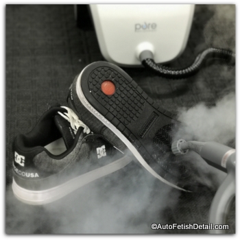 Pure home steam cleaning dog poop off the bottom of shoes home steam cleaner being used to clean shoes
