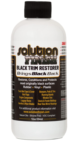 bottle of Solution Finish black trim restore solution finish black trim restore